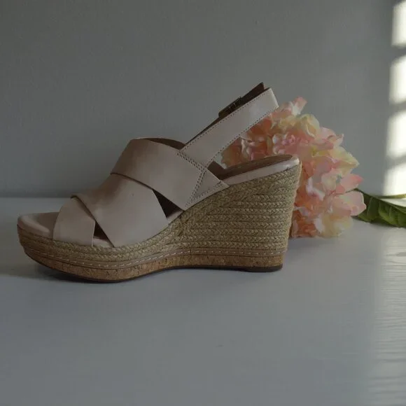 Clarks Amelia Dally Ecru Leather Espadrille Wedge Sandals - Picture 7 of 12